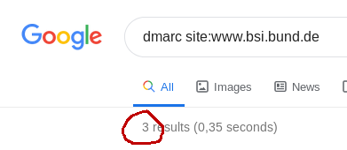 Nur 3 Suchtreffer für DMARC auf der Seite bsi.bund.de via Google
