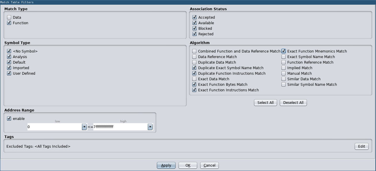 Match Table Filters (only Exact Function Bytes, Instruction and Mnemonic Matches)