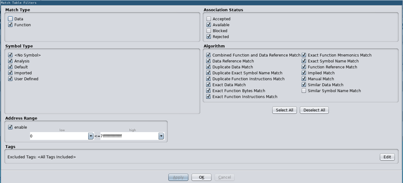 Match Table Filters (all except Similar Symbol Name Match)