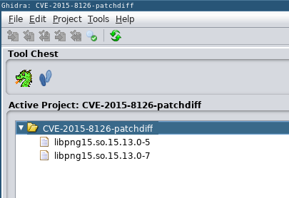 Ghidra project with the two binaries to be compared loaded.