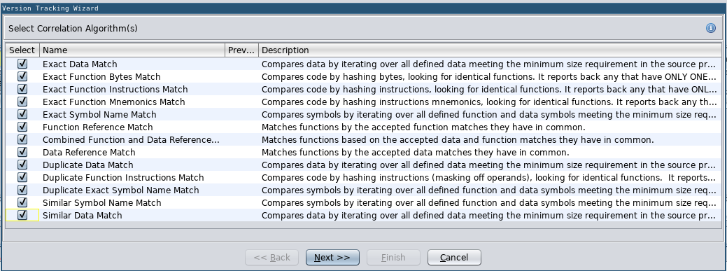 Version Tracking Wizard: Select Correlation Algorithm(s)