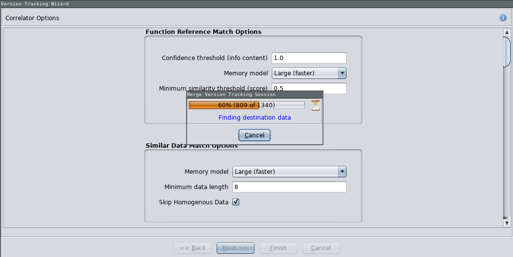 Version Tracking Wizard: Correlator Options with Merge Version Tracking Session processing window