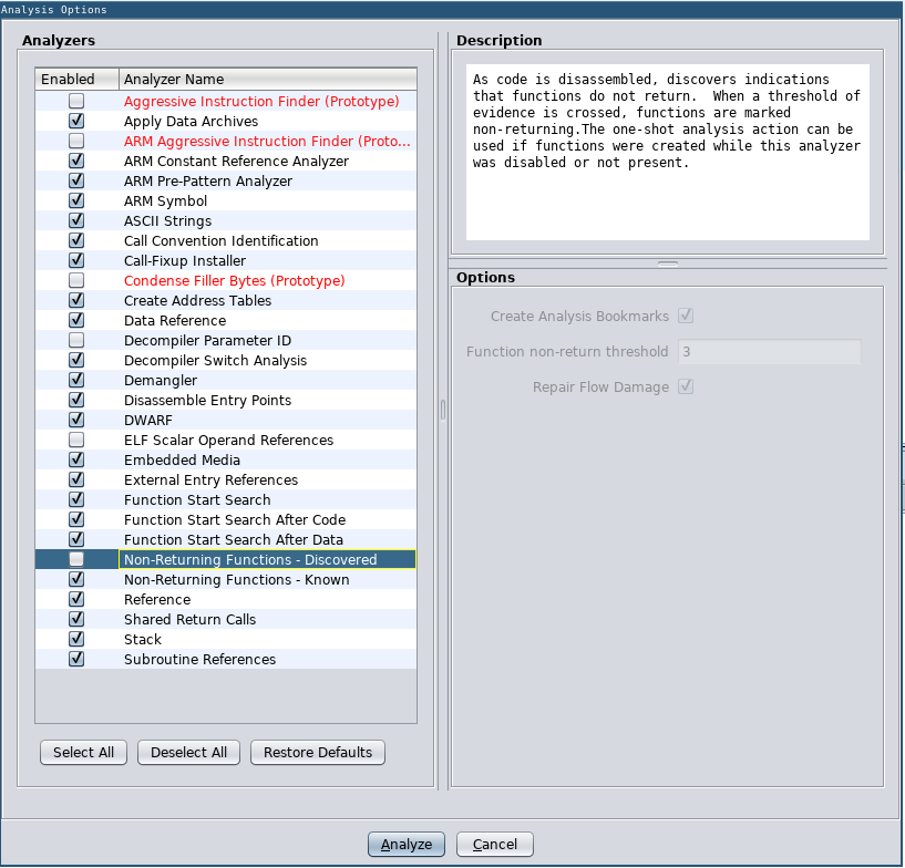 Non-Returning Functions - Discovered analyzer disabled