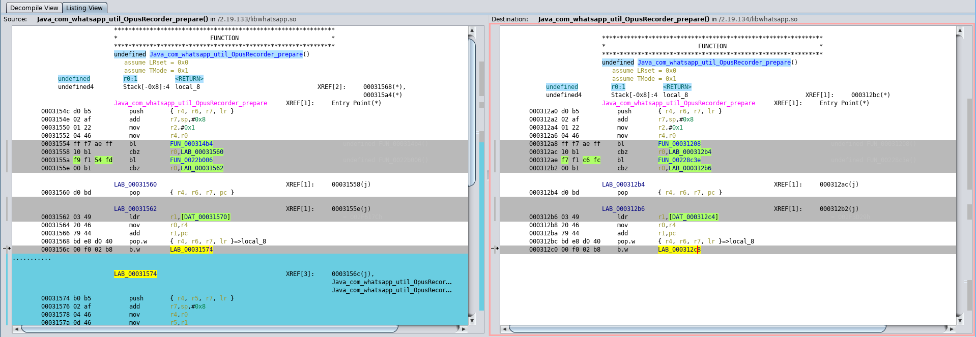 Function with large changes because only one program disassembly follows the b.w branch.